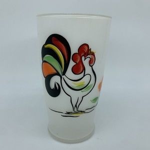 Bartlett Collins Proud Rooster Glass Cup  5" Tall Frosted White MCM Tumbler Vtg